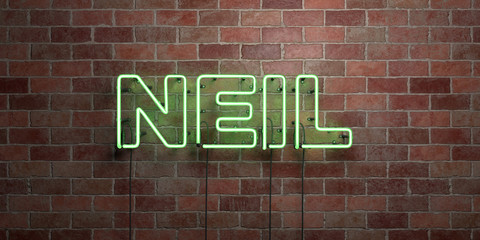 NEIL - fluorescent Neon tube Sign on brickwork - Front view - 3D rendered royalty free stock picture. Can be used for online banner ads and direct mailers..