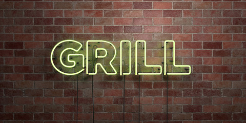 GRILL - fluorescent Neon tube Sign on brickwork - Front view - 3D rendered royalty free stock picture. Can be used for online banner ads and direct mailers..