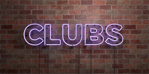CLUBS - fluorescent Neon tube Sign on brickwork - Front view - 3D rendered royalty free stock picture. Can be used for online banner ads and direct mailers..