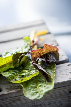 Several leaves of chard on a wooden crate
