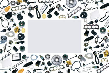 Spare auto parts car on the white background set. Frame for advertising and assembled from auto parts, spare parts. Many repair part are located on the edge of the image. OEM.