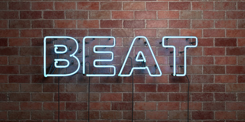 BEAT - fluorescent Neon tube Sign on brickwork - Front view - 3D rendered royalty free stock picture. Can be used for online banner ads and direct mailers..