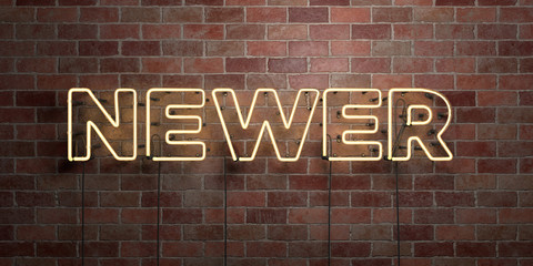 Fototapeta na wymiar NEWER - fluorescent Neon tube Sign on brickwork - Front view - 3D rendered royalty free stock picture. Can be used for online banner ads and direct mailers..