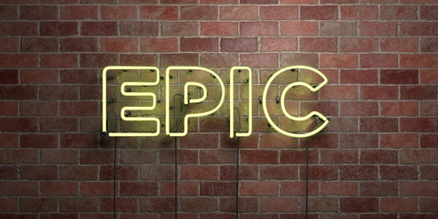 EPIC - fluorescent Neon tube Sign on brickwork - Front view - 3D rendered royalty free stock picture. Can be used for online banner ads and direct mailers..