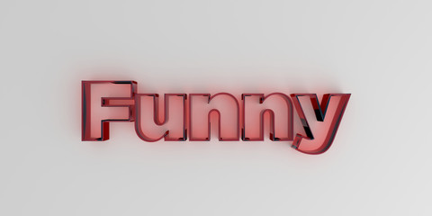 Funny - Red glass text on white background - 3D rendered royalty free stock image.