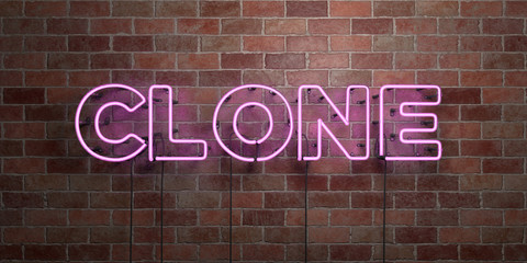 CLONE - fluorescent Neon tube Sign on brickwork - Front view - 3D rendered royalty free stock picture. Can be used for online banner ads and direct mailers..