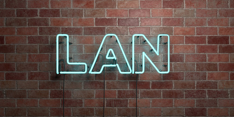 LAN - fluorescent Neon tube Sign on brickwork - Front view - 3D rendered royalty free stock picture. Can be used for online banner ads and direct mailers..