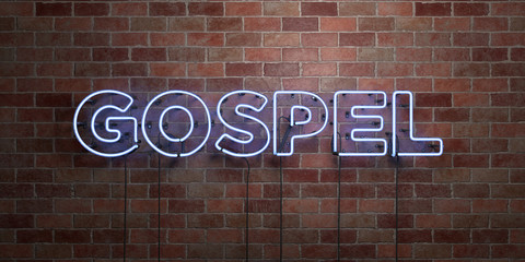 Obraz premium GOSPEL - fluorescent Neon tube Sign on brickwork - Front view - 3D rendered royalty free stock picture. Can be used for online banner ads and direct mailers..