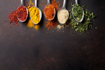 Various spices spoons on stone table