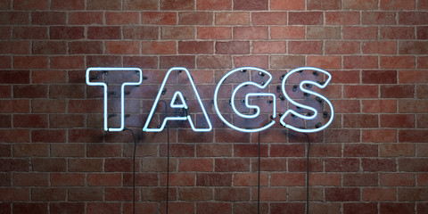 Obraz premium TAGS - fluorescent Neon tube Sign on brickwork - Front view - 3D rendered royalty free stock picture. Can be used for online banner ads and direct mailers..