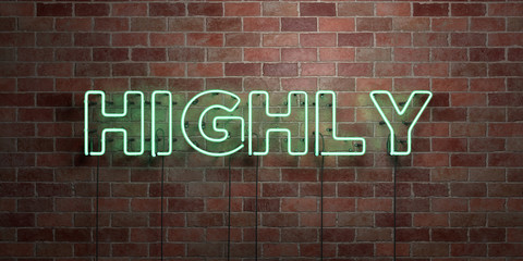HIGHLY - fluorescent Neon tube Sign on brickwork - Front view - 3D rendered royalty free stock picture. Can be used for online banner ads and direct mailers..
