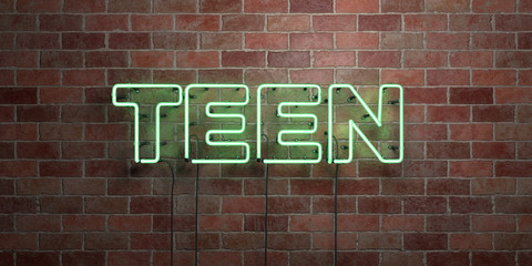TEEN - fluorescent Neon tube Sign on brickwork - Front view - 3D rendered royalty free stock picture. Can be used for online banner ads and direct mailers..