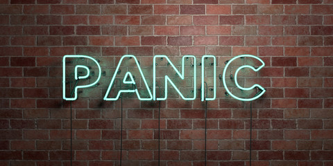 PANIC - fluorescent Neon tube Sign on brickwork - Front view - 3D rendered royalty free stock picture. Can be used for online banner ads and direct mailers..