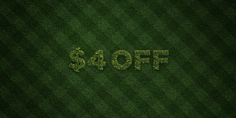 $4 OFF - fresh Grass letters with flowers and dandelions - 3D rendered royalty free stock image. Can be used for online banner ads and direct mailers..