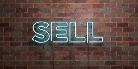 SELL - fluorescent Neon tube Sign on brickwork - Front view - 3D rendered royalty free stock picture. Can be used for online banner ads and direct mailers..