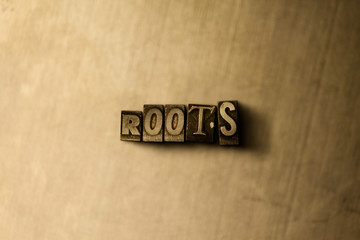 ROOTS - close-up of grungy vintage typeset word on metal backdrop. Royalty free stock illustration.  Can be used for online banner ads and direct mail.