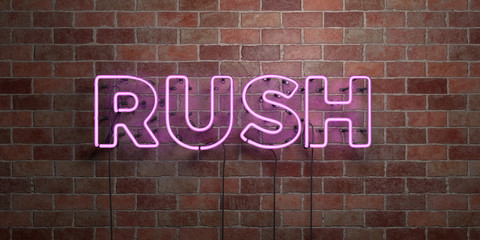 RUSH - fluorescent Neon tube Sign on brickwork - Front view - 3D rendered royalty free stock picture. Can be used for online banner ads and direct mailers..
