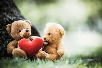 two bear dolls and red heart with dramatic tone, select focus the one bigger