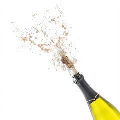 champagne bottle with popping corks isolated on white