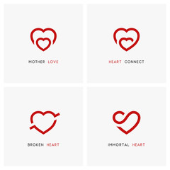 Love vector logo set. Red hearts, mother and child, baby care symbols - family, pregnancy and relationships icons.