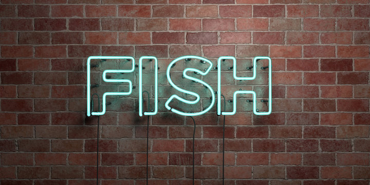 FISH - fluorescent Neon tube Sign on brickwork - Front view - 3D rendered royalty free stock picture. Can be used for online banner ads and direct mailers..