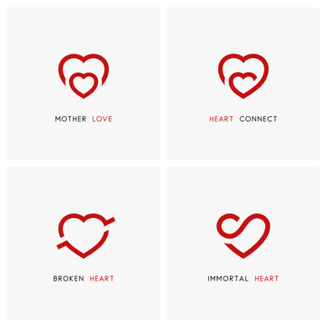 Love vector logo set. Red hearts, mother and child, baby care symbols - family, pregnancy and relationships icons.