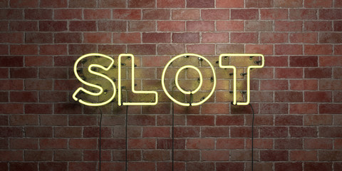 SLOT - fluorescent Neon tube Sign on brickwork - Front view - 3D rendered royalty free stock picture. Can be used for online banner ads and direct mailers..