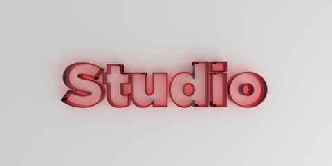 Studio - Red glass text on white background - 3D rendered royalty free stock image.