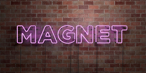 MAGNET - fluorescent Neon tube Sign on brickwork - Front view - 3D rendered royalty free stock picture. Can be used for online banner ads and direct mailers..