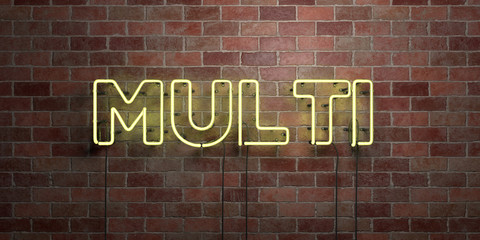 MULTI - fluorescent Neon tube Sign on brickwork - Front view - 3D rendered royalty free stock picture. Can be used for online banner ads and direct mailers..