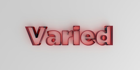 Varied - Red glass text on white background - 3D rendered royalty free stock image.