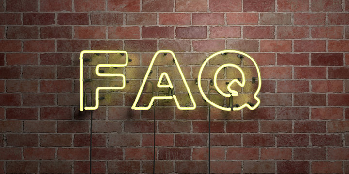 FAQ - fluorescent Neon tube Sign on brickwork - Front view - 3D rendered royalty free stock picture. Can be used for online banner ads and direct mailers..