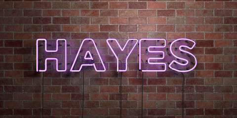 HAYES - fluorescent Neon tube Sign on brickwork - Front view - 3D rendered royalty free stock picture. Can be used for online banner ads and direct mailers..