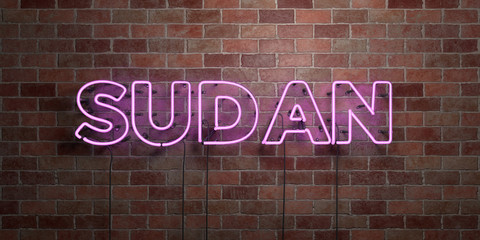 SUDAN - fluorescent Neon tube Sign on brickwork - Front view - 3D rendered royalty free stock picture. Can be used for online banner ads and direct mailers..