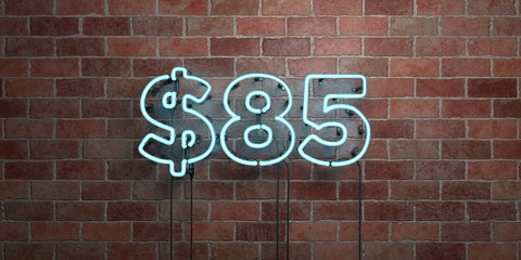 Fototapeta na wymiar $85 - fluorescent Neon tube Sign on brickwork - Front view - 3D rendered royalty free stock picture. Can be used for online banner ads and direct mailers..