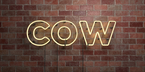 COW - fluorescent Neon tube Sign on brickwork - Front view - 3D rendered royalty free stock picture. Can be used for online banner ads and direct mailers..