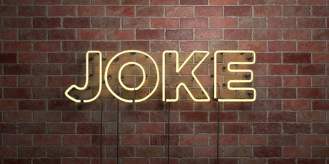 JOKE - fluorescent Neon tube Sign on brickwork - Front view - 3D rendered royalty free stock picture. Can be used for online banner ads and direct mailers..