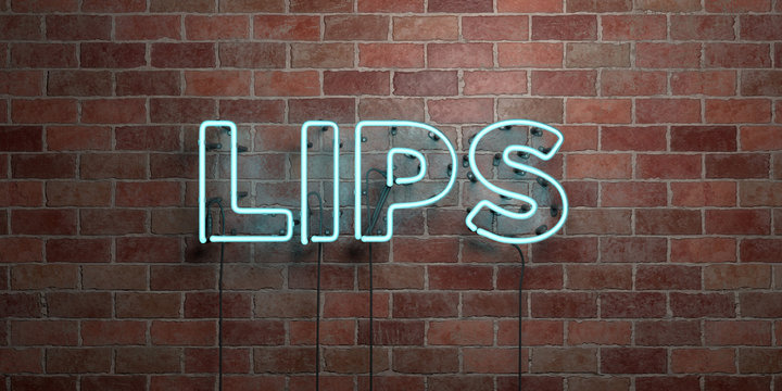 LIPS - fluorescent Neon tube Sign on brickwork - Front view - 3D rendered royalty free stock picture. Can be used for online banner ads and direct mailers..