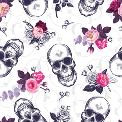 Wall murals Human skull in flowers Seamless pattern with human skulls and half colored bunches of flowers in woodcut style and baroque ornament on background. Vintage backdrop. Vector illustration for wallpaper, textile print, poster.