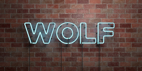 WOLF - fluorescent Neon tube Sign on brickwork - Front view - 3D rendered royalty free stock picture. Can be used for online banner ads and direct mailers..
