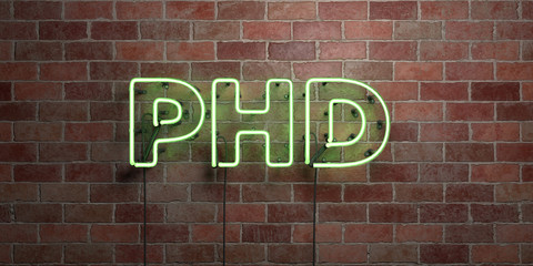 PHD - fluorescent Neon tube Sign on brickwork - Front view - 3D rendered royalty free stock picture. Can be used for online banner ads and direct mailers..