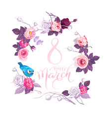 Happy 8 March. Pink hand lettering inside wreath of semi-colored flowers and blue bird sitting on rose on white background. Women's day party invitation. Vector illustration for postcard, banner.