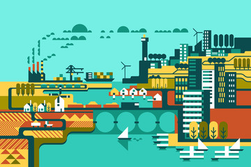 Industrial city. Pixel style illustration.
