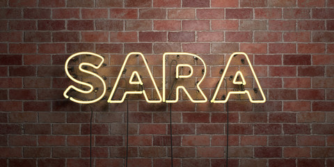 SARA - fluorescent Neon tube Sign on brickwork - Front view - 3D rendered royalty free stock picture. Can be used for online banner ads and direct mailers..
