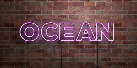 OCEAN - fluorescent Neon tube Sign on brickwork - Front view - 3D rendered royalty free stock picture. Can be used for online banner ads and direct mailers..
