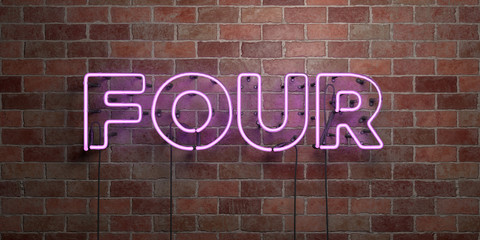 Fototapeta na wymiar FOUR - fluorescent Neon tube Sign on brickwork - Front view - 3D rendered royalty free stock picture. Can be used for online banner ads and direct mailers..