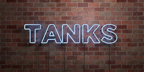 TANKS - fluorescent Neon tube Sign on brickwork - Front view - 3D rendered royalty free stock picture. Can be used for online banner ads and direct mailers..