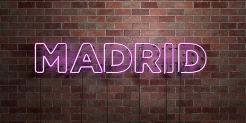 MADRID - fluorescent Neon tube Sign on brickwork - Front view - 3D rendered royalty free stock picture. Can be used for online banner ads and direct mailers..