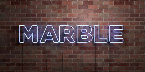 MARBLE - fluorescent Neon tube Sign on brickwork - Front view - 3D rendered royalty free stock picture. Can be used for online banner ads and direct mailers..