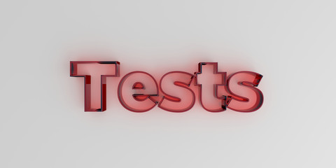 Tests - Red glass text on white background - 3D rendered royalty free stock image.